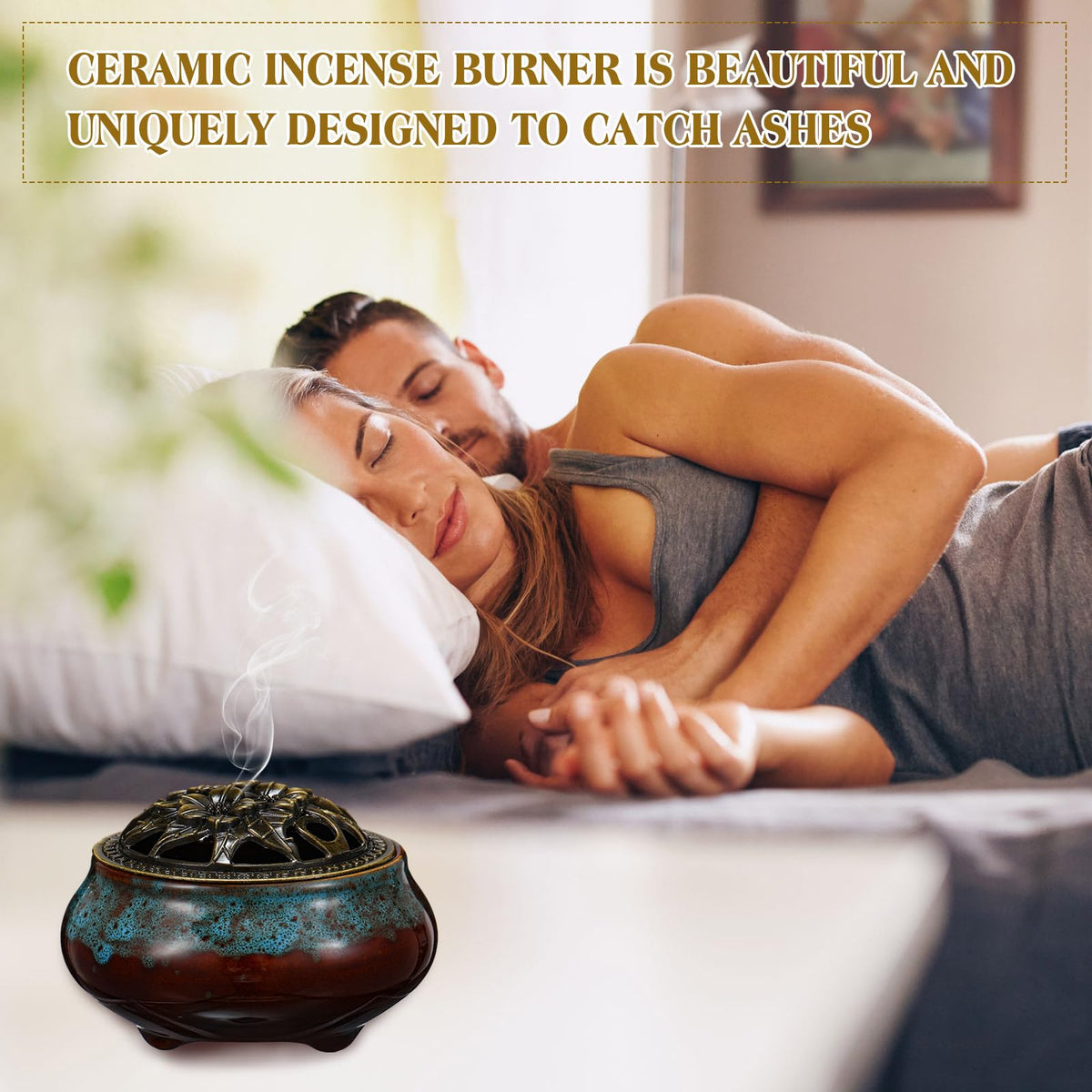 4 Pcs Ceramic Incense Burner with Copper Lid Metal Incense Holder Lotus Cone Burner for Sandalwood Palo Santo Sage Cones Meditation Yoga Spa Gifts Room Decor (Blue)