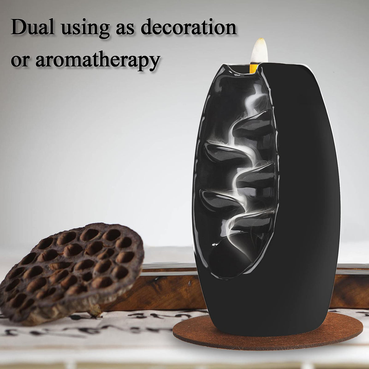 Ceramic Backflow Incense Holder Waterfall Incense Burner (Jet Black)
