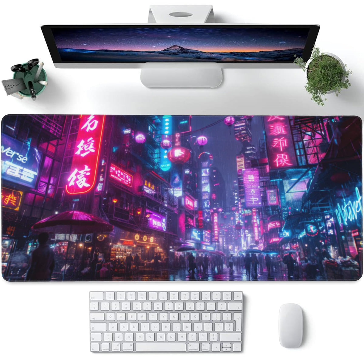 Desk Mat Cyberpunk Neon City Large Gaming Mouse Pad for Desk XXL (15.7" x 35.4" / Cyberpunk Neon City)