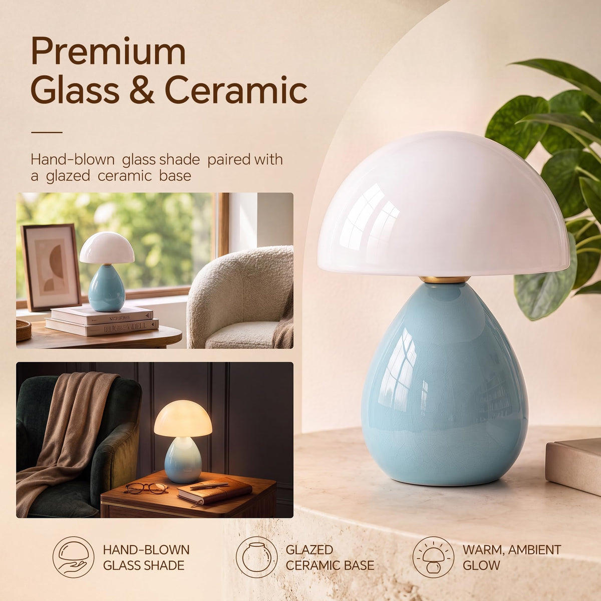 Mushroom Lamp Table Lamp for Bedroom (Blue-Ice Crackle)