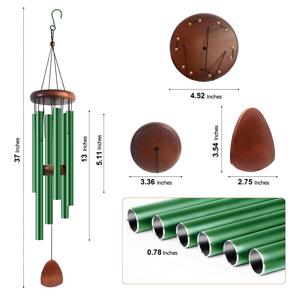 37" Aluminum Wind Chimes for Outside (Green / Classic 37")