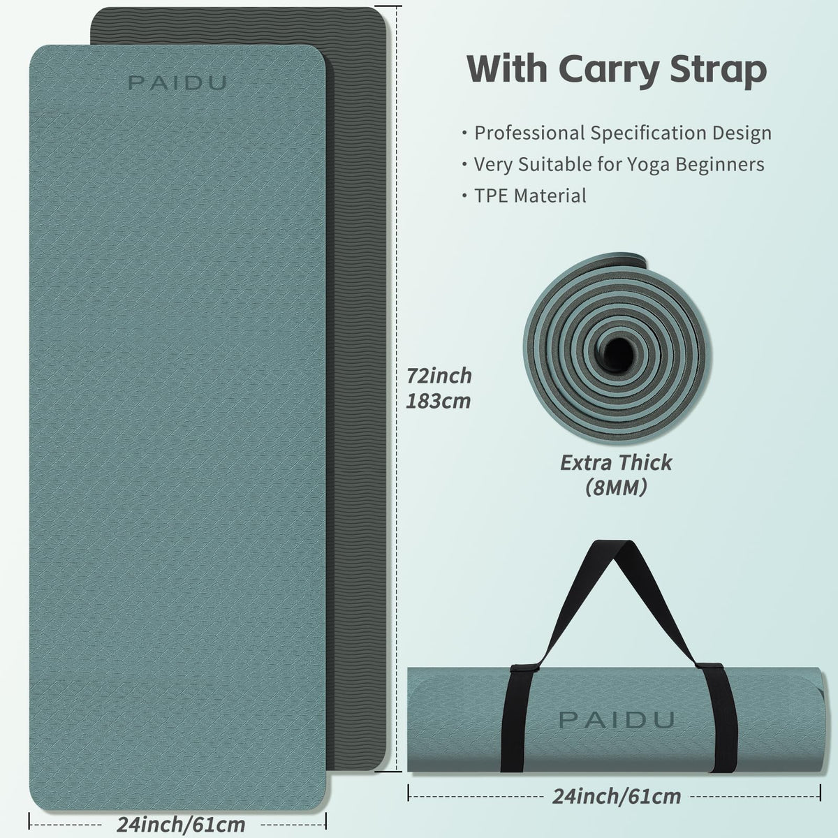 TPE Yoga Mat 8mm Thick Non (Deepgreen&Gray)