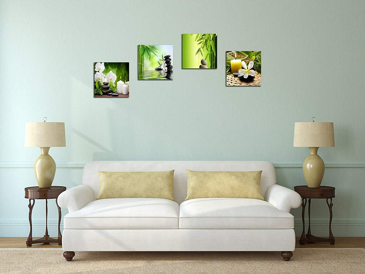 Modern 4 Panel Zen Giclee Canvas Print Spa Wall Art Spa Massage Treatment Pictures on Canvas Wall Art for Home Office Decorations Living Room Bedroom (12X12inchX4 / Green zen)