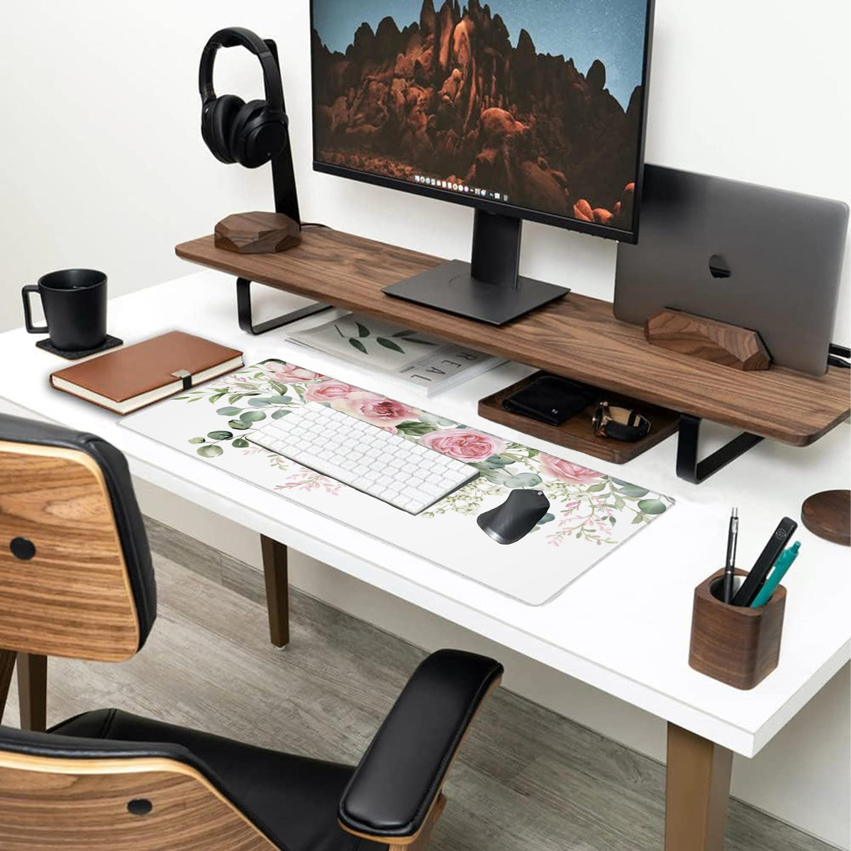 Desk Mat Peony Flowers and Eucalyptus Leaves Large Gaming Mouse Pad for Desk XL (11.8" x 31.5" / Peony Flowers and Eucalyptus Leaves)