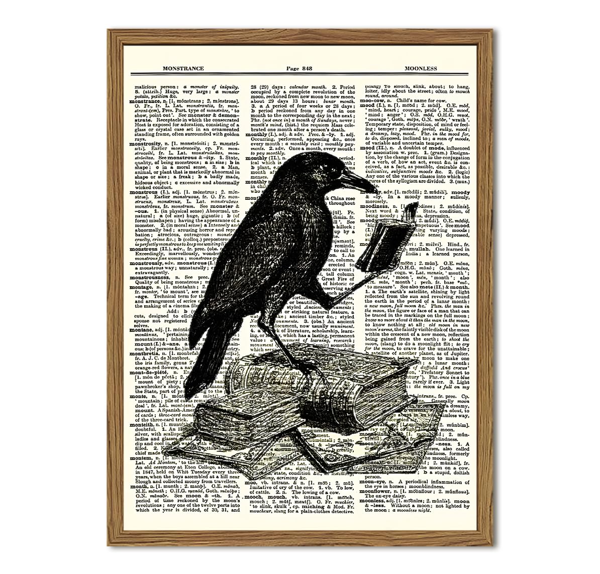 Funny Black Crow Reading Books Wall Art Vintage Raven Wall Decor Picture Dark Academia Animal Poster Canvas Print for Bedroom Living Room 16x24 inch Wood Framed (Animal -P / 24"L x 16"W)