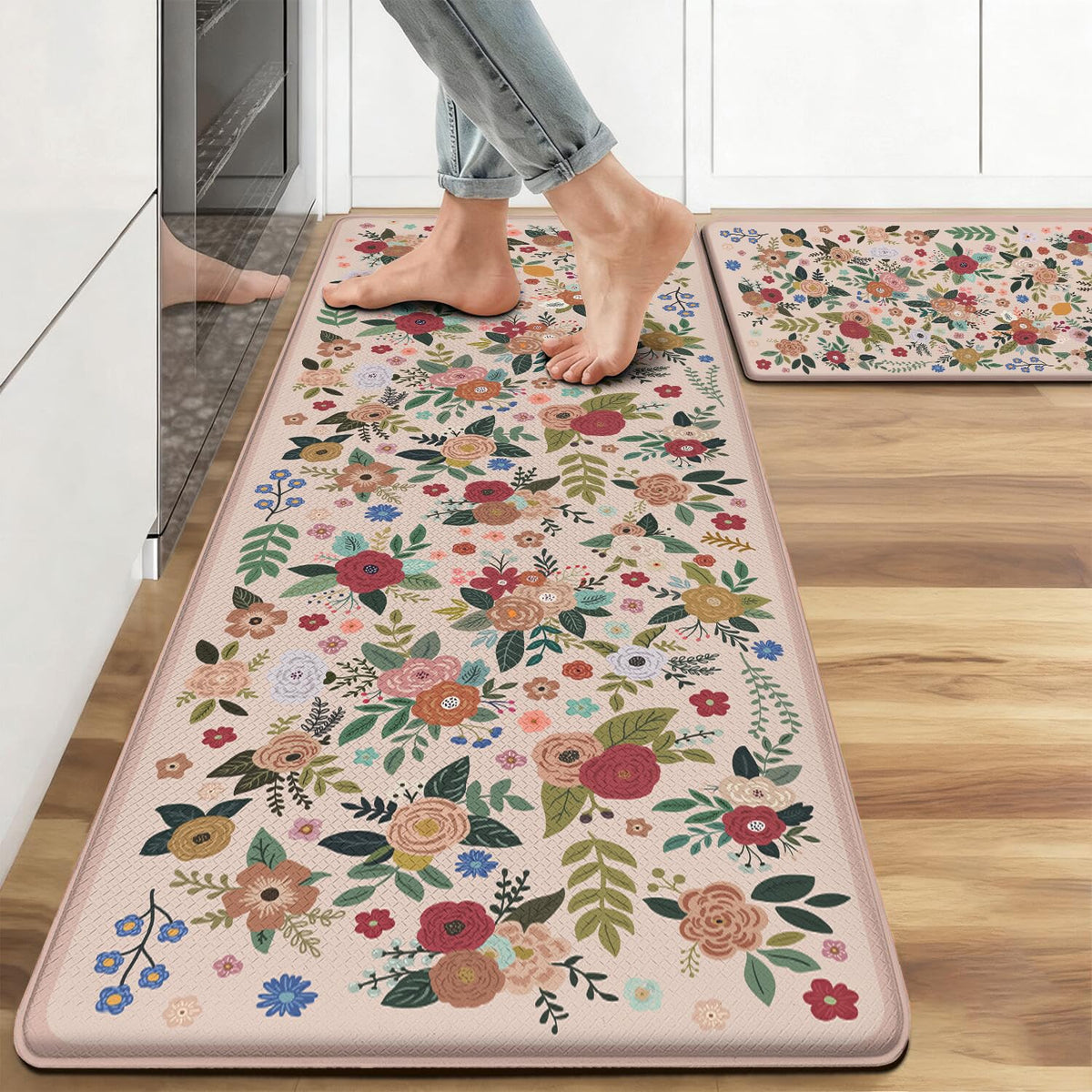 Anti Fatigue Boho Kitchen Rugs Set of 2 (Floral-pink)