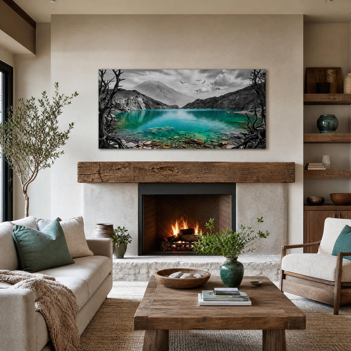 Black and White Mountain Canvas Wall Art Colorful Tropical Floral Lake Landscape Painting Flat Print Gallery Wrapped Artwork for Living Room Bedroom Bathroom Decor (Mysterious / Black Mountain Lake 19 / 40"L x 20"W)