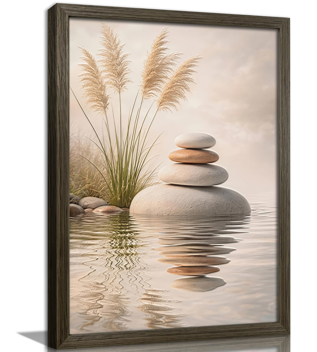 Wood Framed Zen Wall Art Stacked Balance Stones Botanical Canvas Print Zen Room Wall Decor for Spa Bathroom Yoga Studio Living Room Bedroom Office Study 16x24 Inch (Zen Stone / 24"L x 16"W)