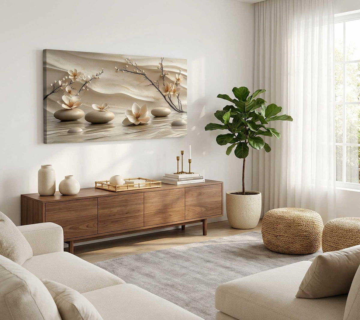 Zen Canvas Wall Art White Lotus Wall Decor Print Artwork Lotus Flowers Bloom Stones Spa Painting Pictures for yoga meditation room decoration 20x40in (Canvas / 40"L x 20"W)
