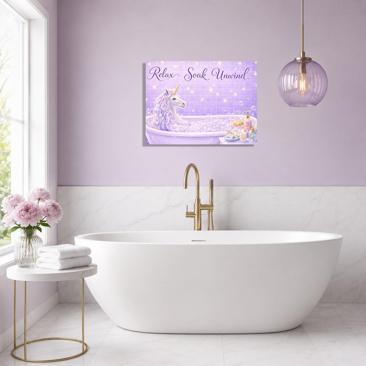 Bathroom Unicorn Wall Art Unicorn in Bathtub Wall Decor Relaxing Canvas Painting Pictures Purple Artwork for Bathroom Toilet 12"x16" (Bathroom Unicorn / 16"L x 12"W)