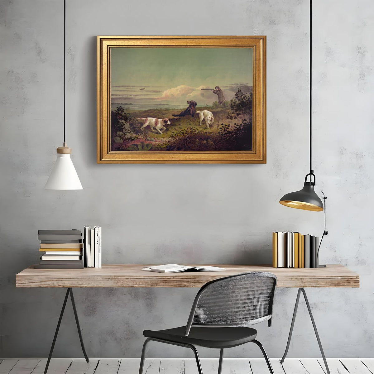 Framed Vintage Quail Hunting Landscape Wall Art Canvas Print Antique Americana Bird Wildlife Painting Hunt Poster Artwork Rustic Countryside Nature Picture Office Study Cabin Decor 24x36inch Gold (24"L x 36"W / Style-1 Retro Gold Frame)