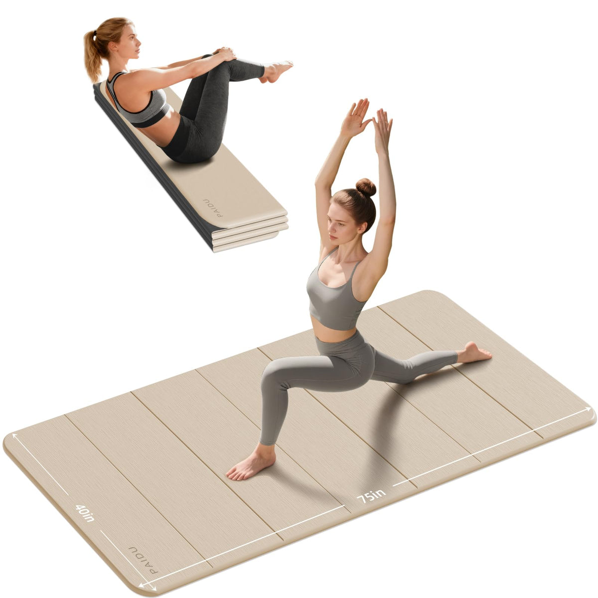 Foldable Yoga Mat 10MM Thick 75‘’x40‘“ Quick Fold Easy Storage (Beige+Black)