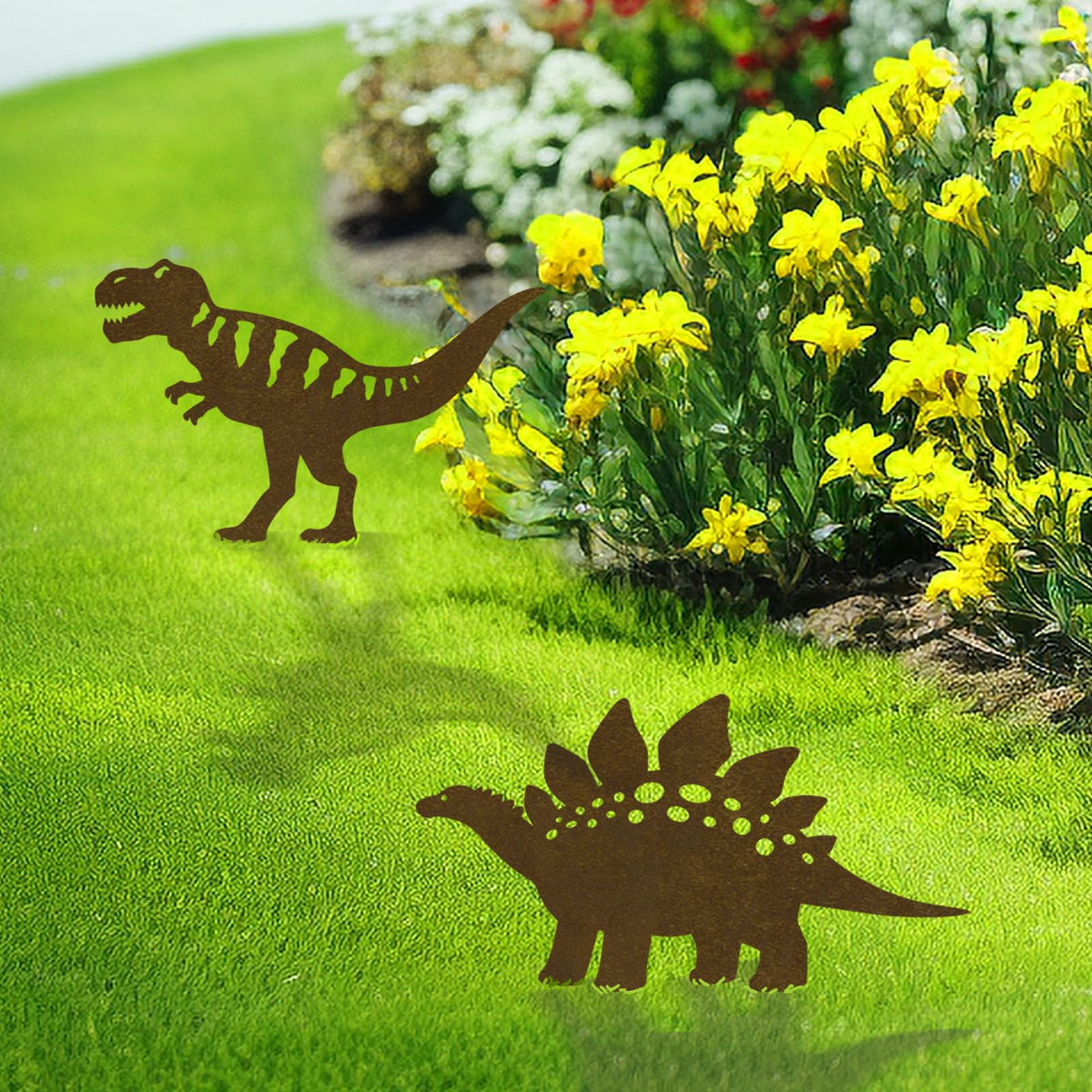 4 Piece Dinosaur Garden Stakes Set Dinosaur Garden Decor Dinosaur Sculpture Dinosaur Garden Statues Ideal for Porch & Zen Garden Spaces Unique Dinosaur Garden Decor (Cute)