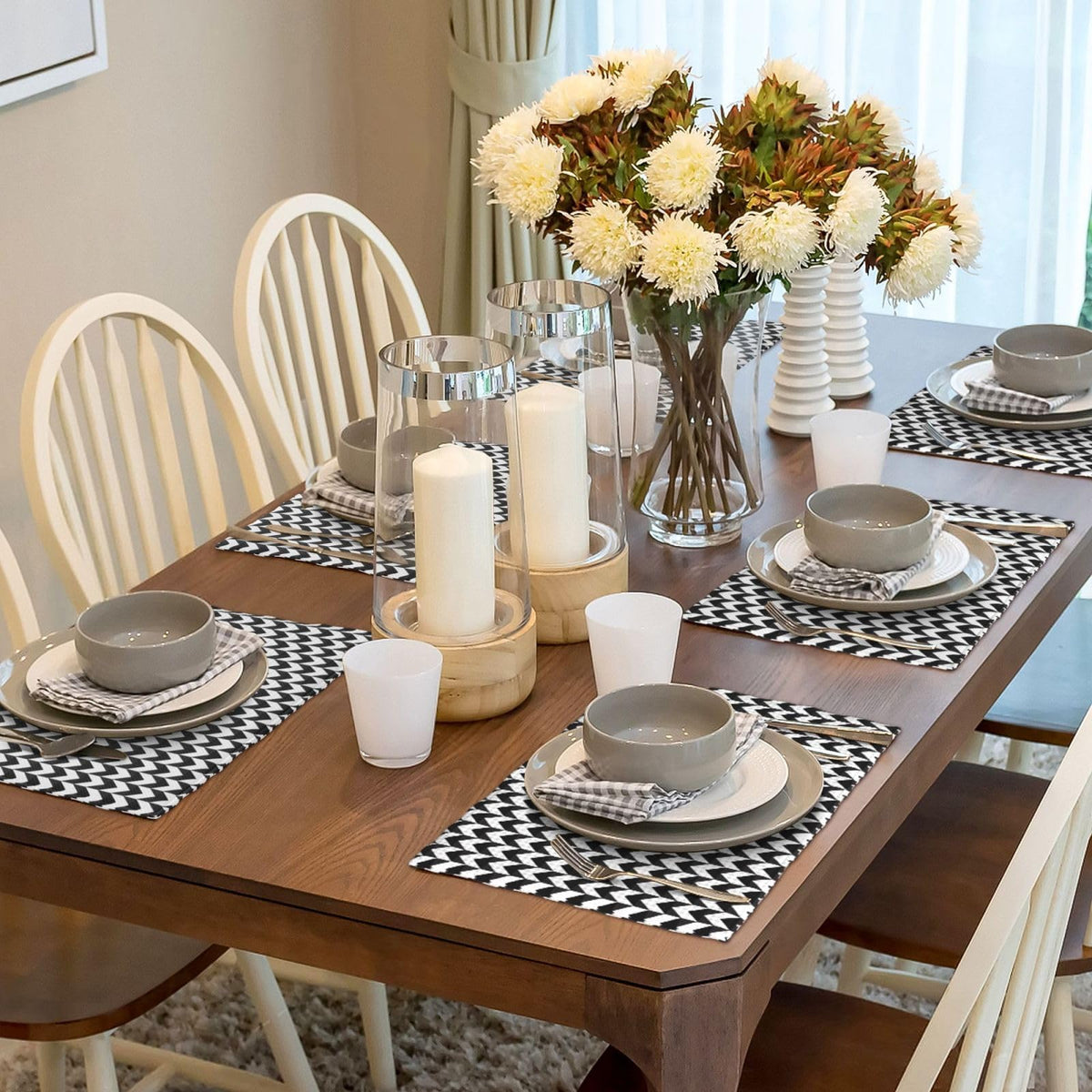 Black and White Vertical Grid Place Mat Set of 6 Pieces Heat (6PCS / Black and White Vertical Grid)