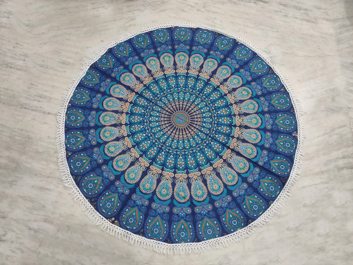 Round Beach Tapestry Turquoise Mandala Throw (3'6" (Round) / Blue)