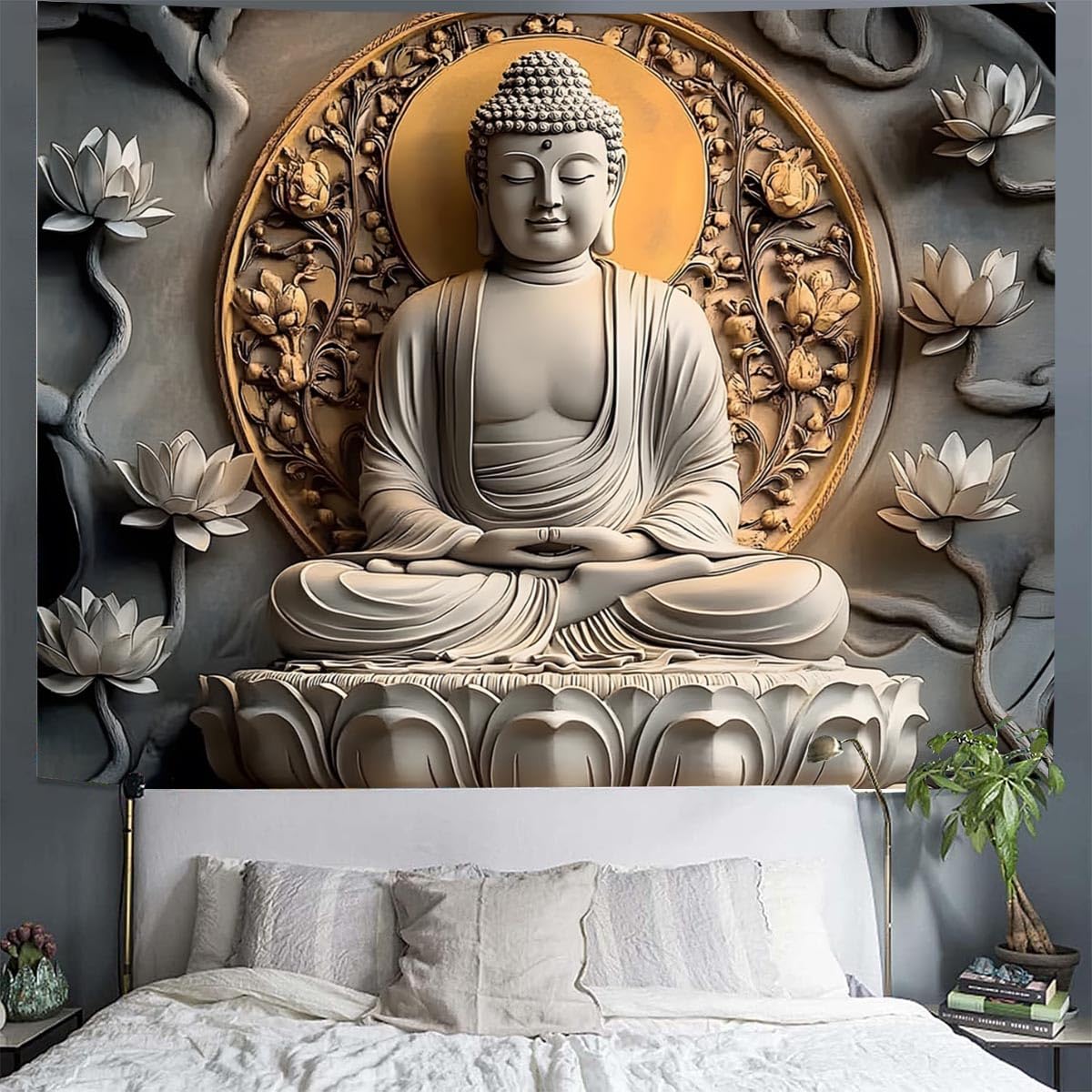 Vintage Sitting Buddha Tapestry Wall Hanging Buddhist Statue Tapestries Lotus Meditation Wall Decor Psychedelic Indian Zen Art for Bedroom Living Room Home Decor (Orange / 79"L x 59"W)