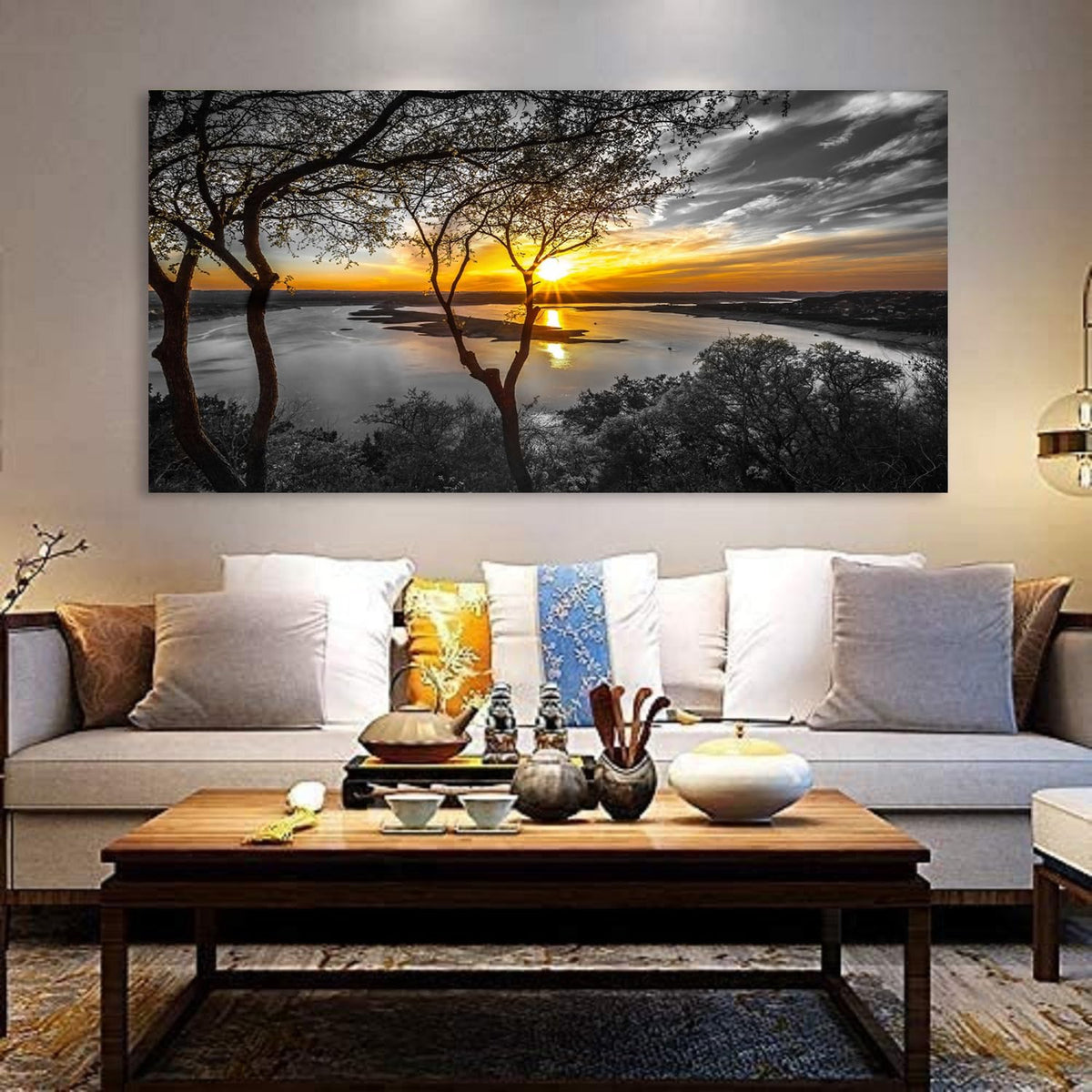 Large Wall Art Living Room Black and White Landscape Tree Canvas Wall Art Lake Print Art Forest Gold Sunset Poster Picture Natural Scenery Painting Bedroom Wall Decor Home Office Decorations (black white LS / 60"L x 30"W)