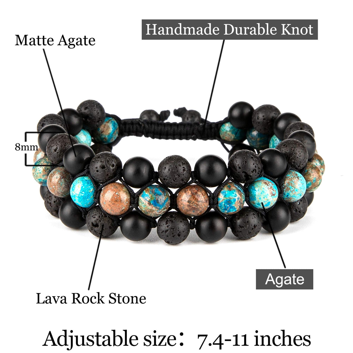 8mm Natural Lava Rock Stone Bracelets for Men (Sea Sediment + Lava Rock + Agate)