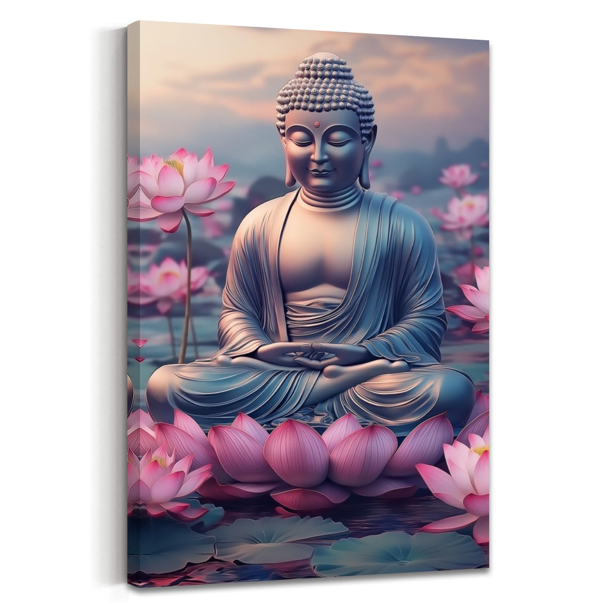 Buddha Canvas Wall Art Zen Picture Lotus Flower Painting Buddha Statue Prints Pink Floral Artwork Meditation Buddhist Artwork Prayer Room Decor Frame (Pink / 42L" x 28W")