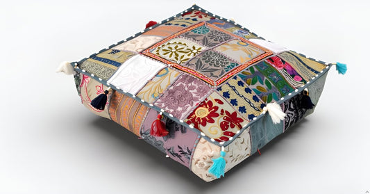 Indian Square Patchwork Traditional Pouf Cover Indian Living Room Poufs Decorative Embroidered Designer Ottoman Home Living Footstool Chair Cover Decor Pillow Cover 18x18x5 inches (18"D x 18"W x 5"H / Grey)