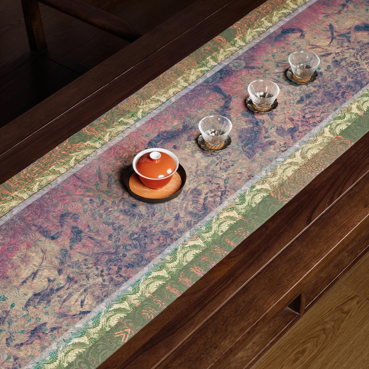 Extra Long 2 Piece Table Runner Set 118 (Koi Bliss (13") & Ink Wave (19") Set-118inch Long)