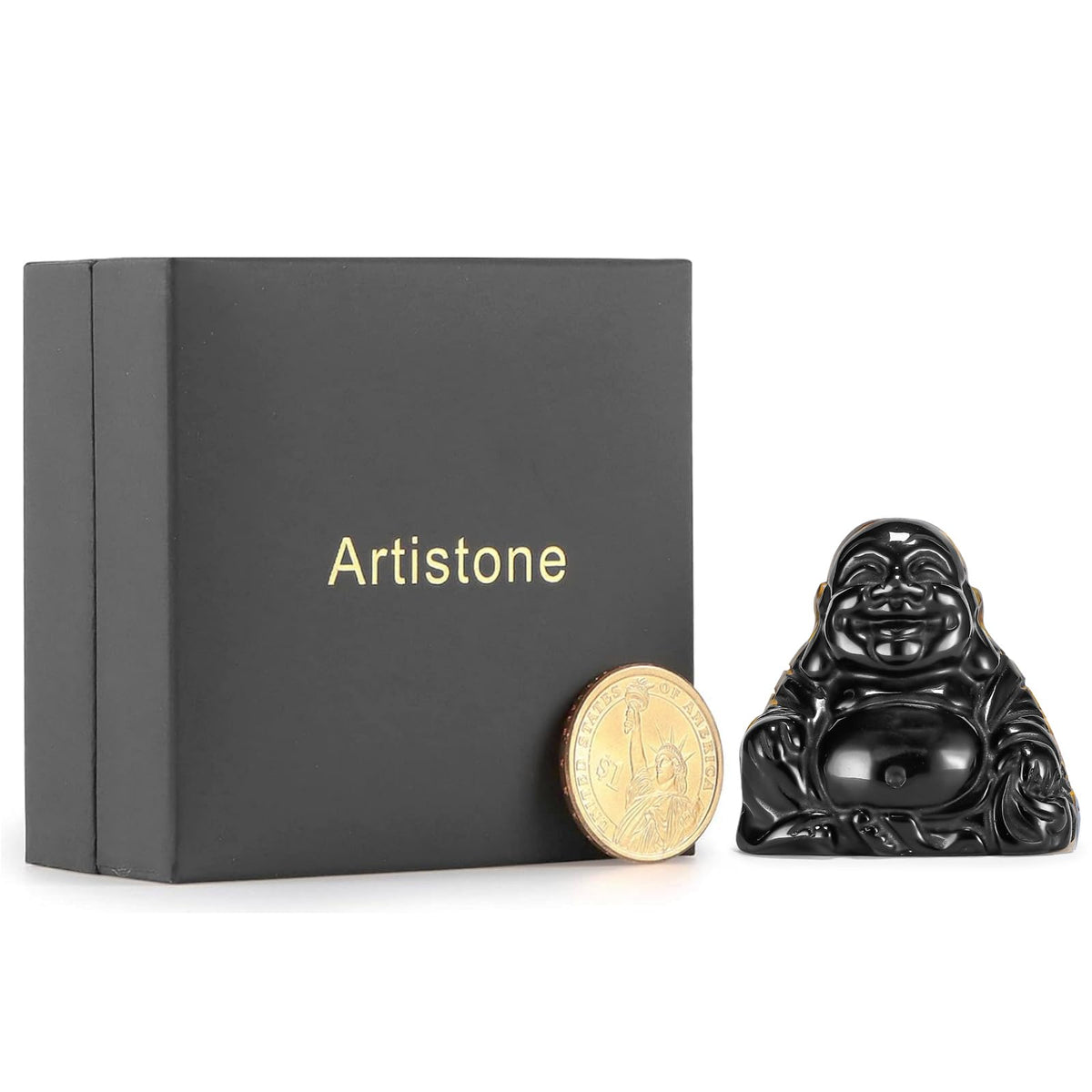 2" Black Obsidian Laughing Buddha Statue (Black Obsidian)