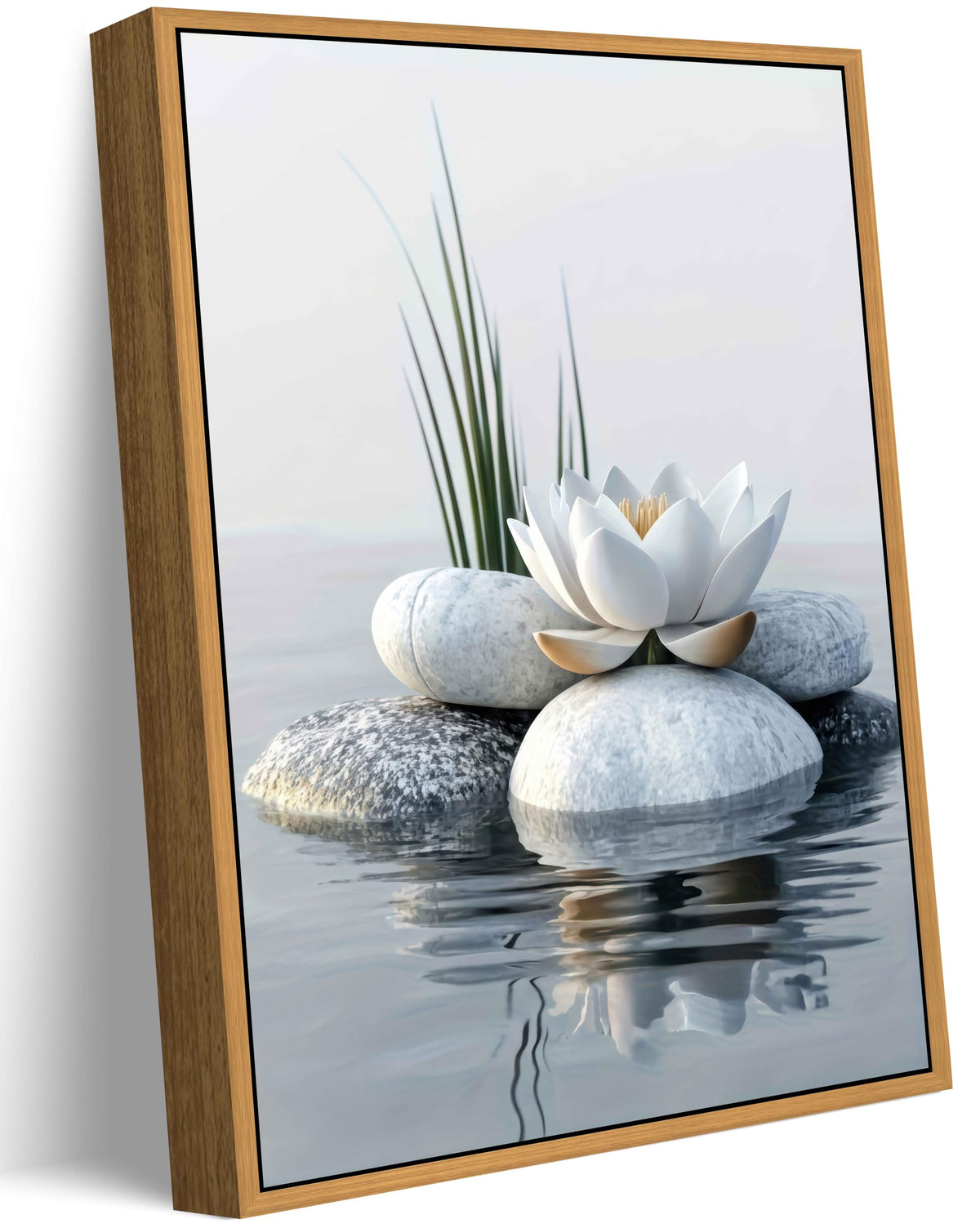 Floating Framed Zen White Lotus Canvas Wall Art (Lotus Stone / 10L"x8W")