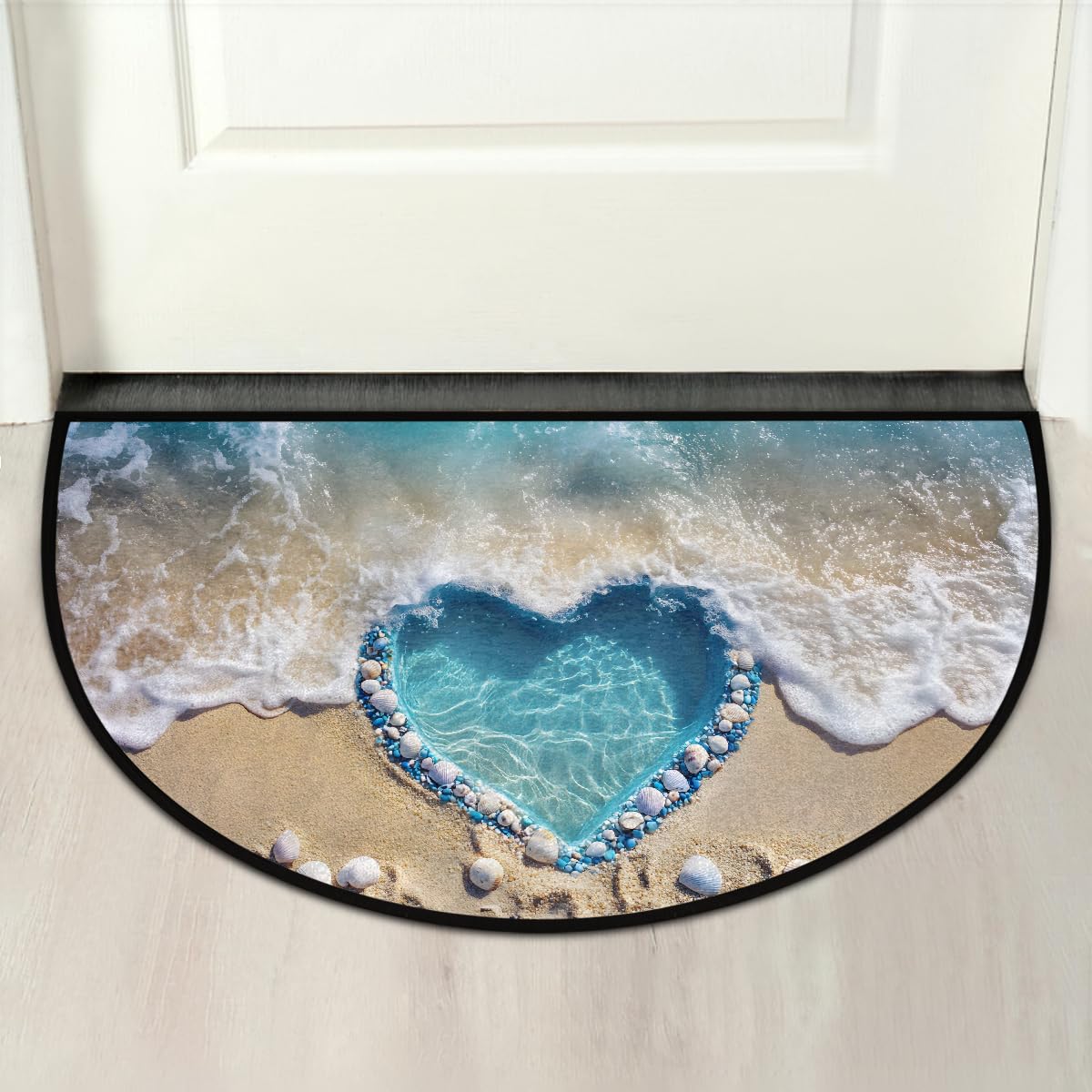 Beach Heart Seashell Half Round Door Mat Non Slip Washable Semi Circle Area Rug Absorbent Soft Half Moon Rug Floor Mat for Indoor Outdoor Kitchen Bathroom Patio Front Door Mat Decor (Z3)
