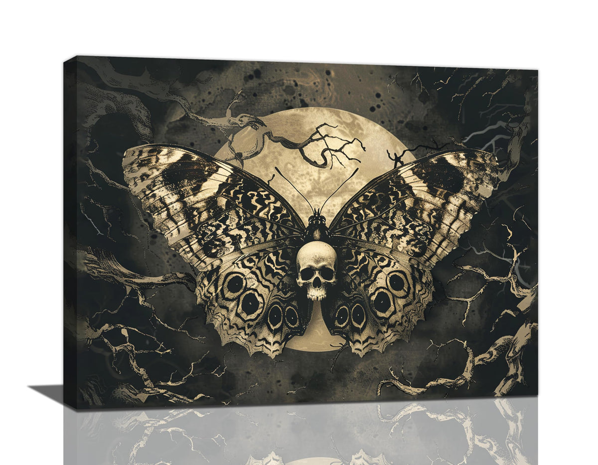 Gothic Skull Wall Art Spooky Skeleton Butterfly Pictures Decor Goth Moon Horror Canvas Painting Home Artwork Decorations for Halloween Bathroom Living Room Bedroom 16x12 inch (16"L x 12"W / Skull Butterfly)