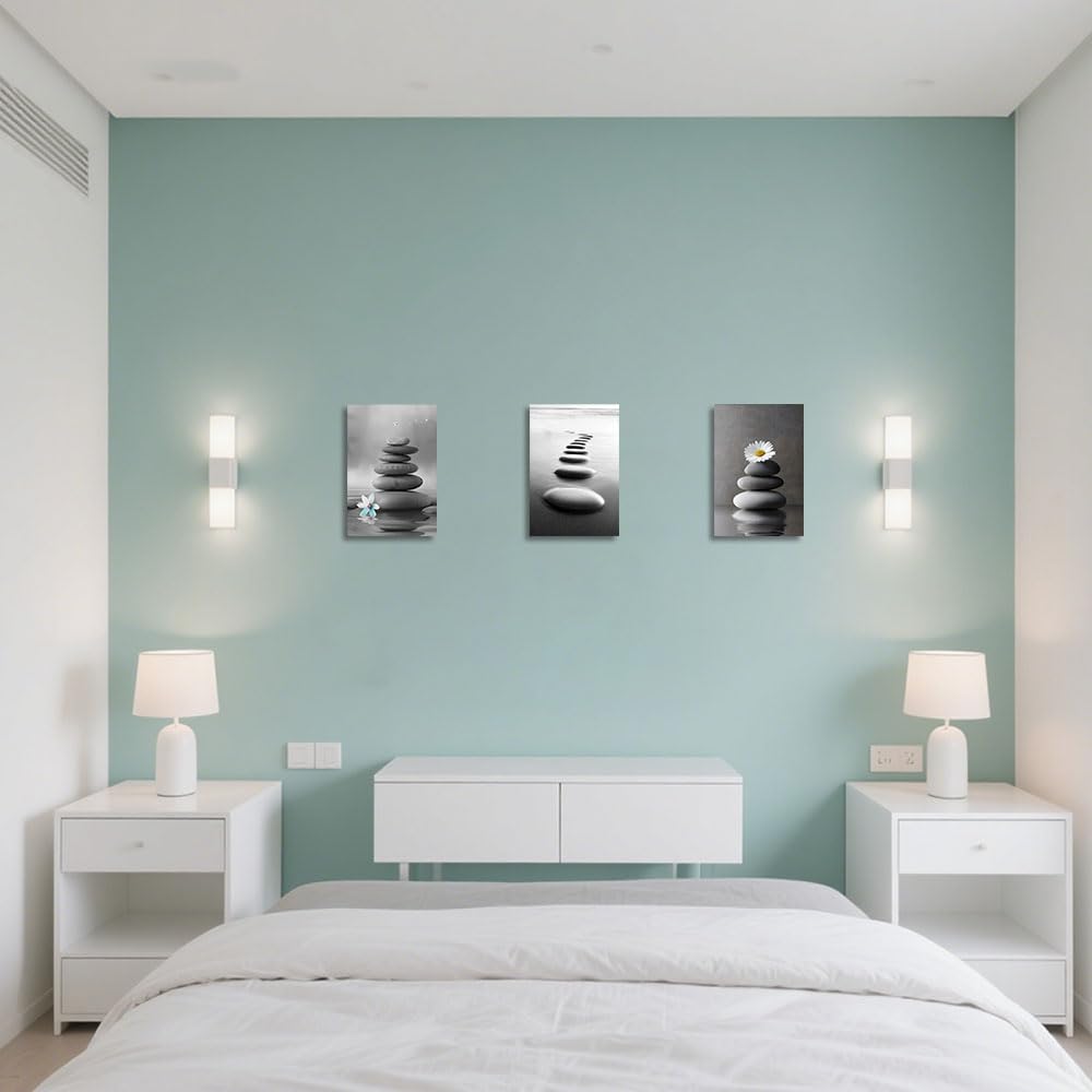 3PCS Zen Stones Canvas Wall Art Black and White Zen Stone Painting Calming Meditation Wall Decor for Yoga Studio Office Spa Bathroom (gray / 16W"x24L"x3)