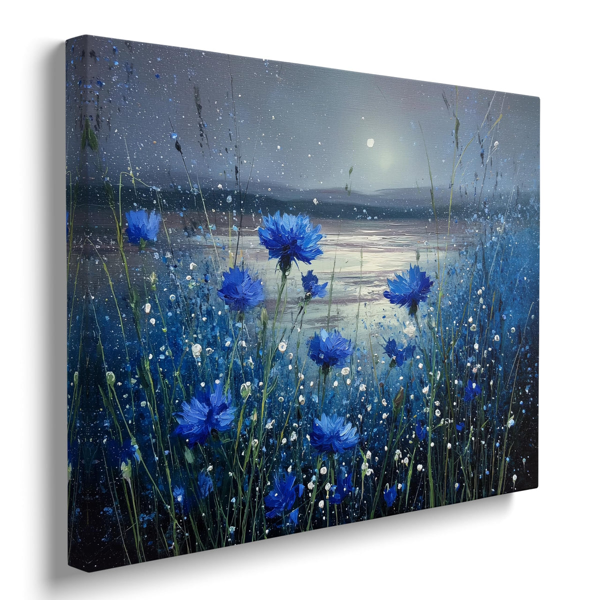 Beautiful Blue Cornflowers Moonlit Lake Landscape Canvas Wall Art (Blue Flower (Wrapped Canvas) / 16"L x 12"W)