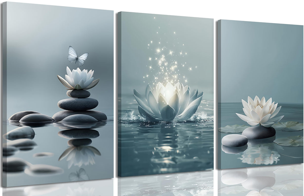 3Pcs Zen Stones Lotus Spa Canvas Wall Art White Lotus Blooming on Stones Painting Picture Wall Decor Modern Spiritual Poster Print Artwork for Yoga Meditation Spiritual Room Bathroom Home Decoration (Canvas / 16L" x 12W")