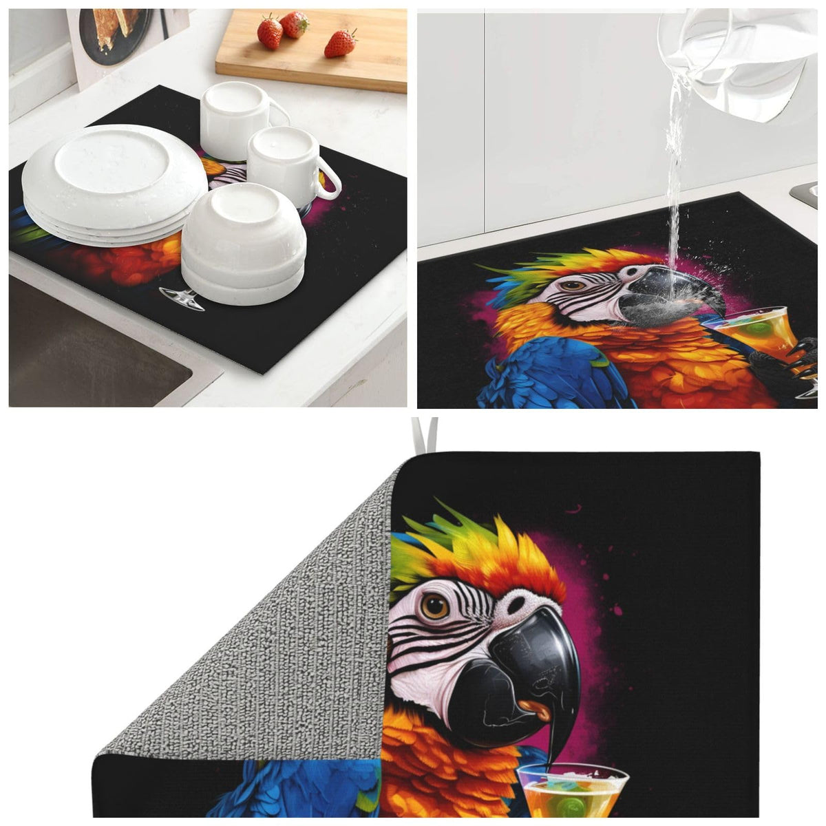 Tropical Colorful Parrot Cocktail Dish Drying Mat For Kitchen Counter Dry Mats Microfiber Dish Drainer Mat Protector Pad Absorbent Fast Drying Kitchen Must (Tropical Colorful Parrot Cocktail / 18" x 16")
