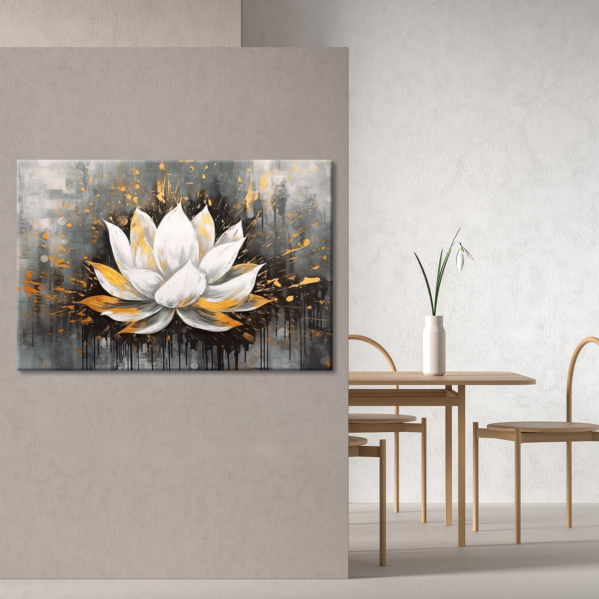 Zen Flower Wall Painting Decor White Golden Lotus Flower Print Picture Abstract Flower Artwork for Home Living Room Decoration Framed Gallery Wrapped (Lotus 05 / 18"L x 12"W)