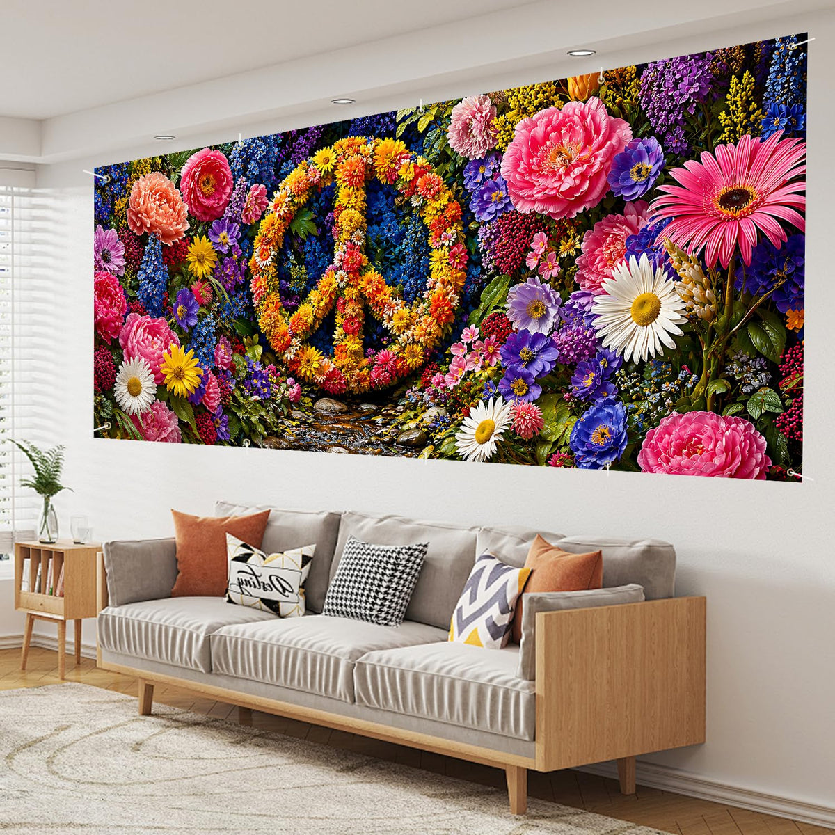 Floral Peace Sign Garage Door Banner Cover (207 / 7 x 16 ft)