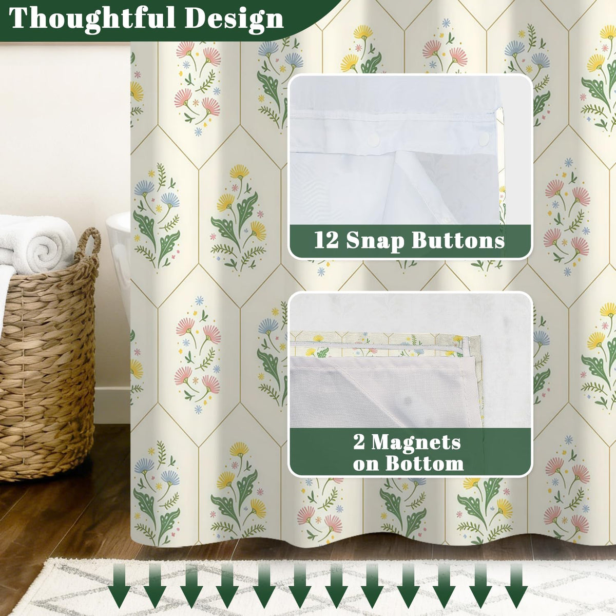 Cottage Core Shower Curtain with Snap in Liner (Delicate Floral)