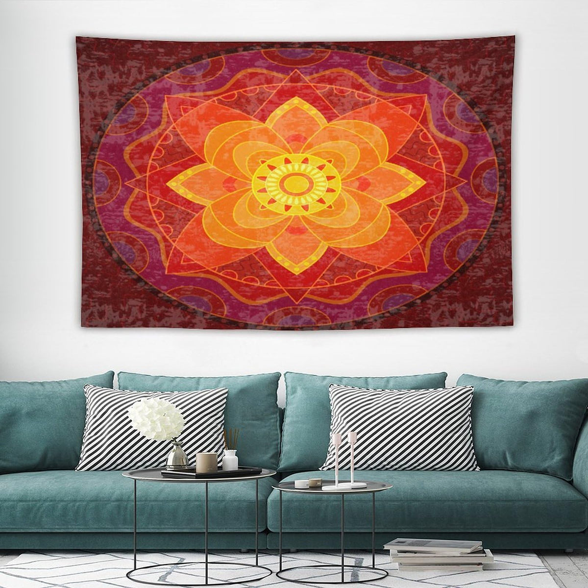 Red Mandala Tapestry Wall Hanging Bright Circular Ethnic Pattern Native Indian Ornament Tapestries Home Decor for Living Room Bedroom Kitchen Dorm 60"x90" (60"L x 90"W / Mandala-9)