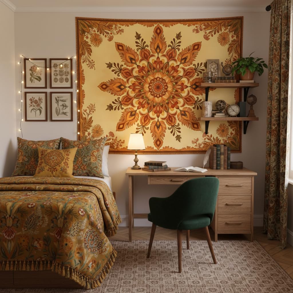 Boho Mandala Floral Tapestry Wall Hanging Bohemian Orange Yellow Flower Tapestry Aesthetic Vintage Sunflower Indian Cute Small Tapestries for Bedroom Living Room Dorm Decor 48 x 36 Inch (Bohemian / Orange Yellow / 48"L x 36"W)