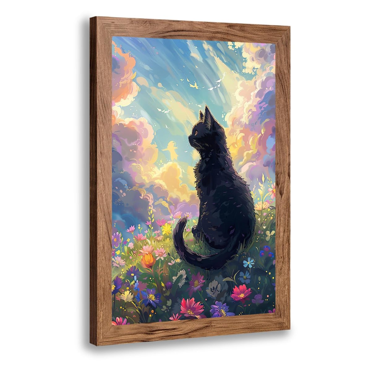 Black Cat Framed Wall Art Anime Cat Pictures Canvas Wall Decor Wildflower Landscape Painting Nature Decorations for Bathroom Bedroom Living Room Office 24"x16" (Black Cat / 24"L x 16"W)
