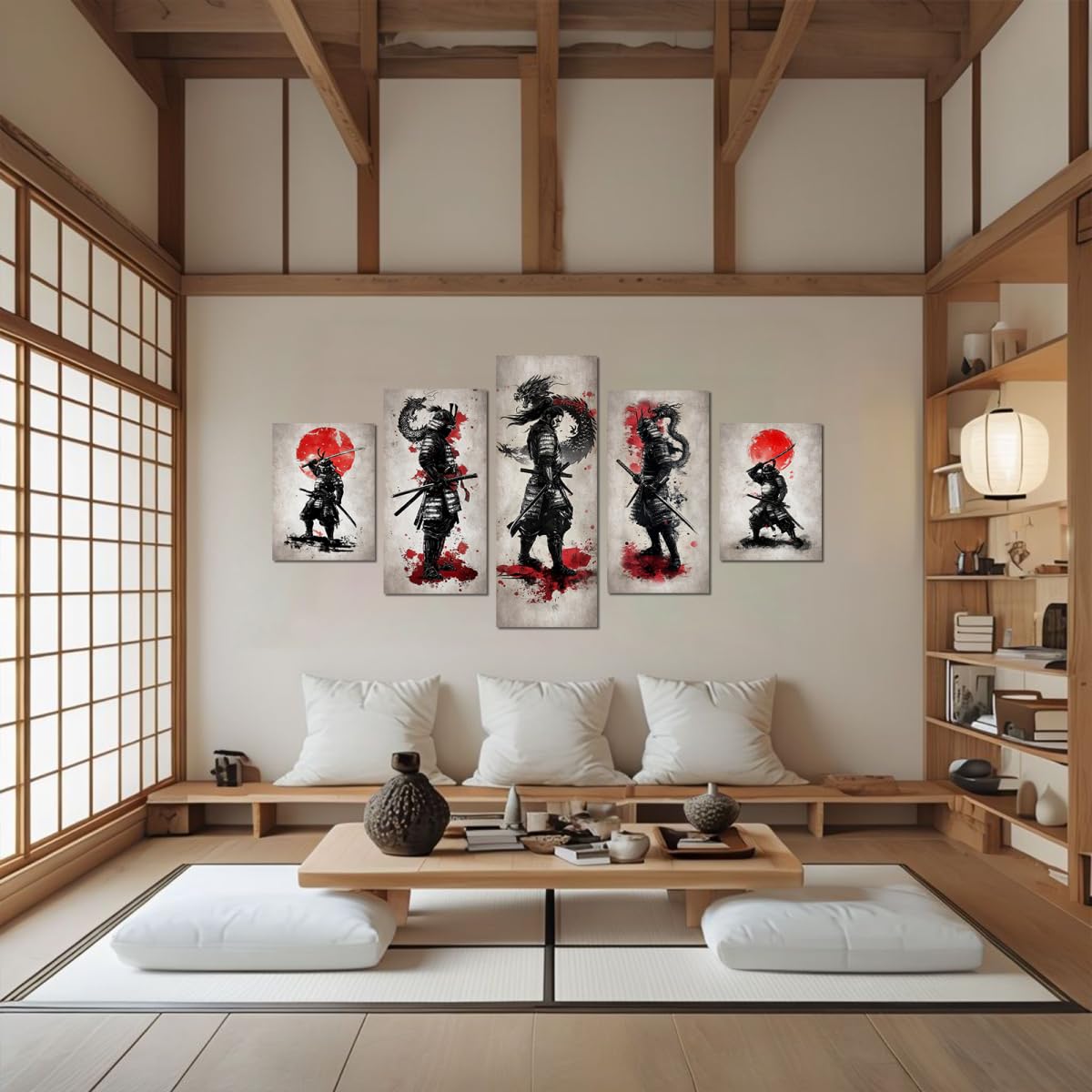 Japan Samurai Canvas Wall Art Japanese Style Full Moon Ninja Dragon Wall Decor Bushido Pictures Asian Posters Warrior Prints Paintings for Living Room Bedroom Home Decoration Framed 5 Piece (60"Wx32"H / Samurai 5P-4)