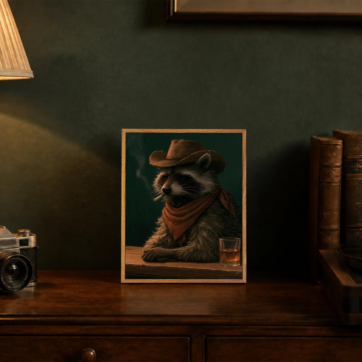 Framed Vintage Cowboy Raccoon Wall Art Funny Animal Wall Decor (Cowboy Raccoon / 8"L x 10"W)
