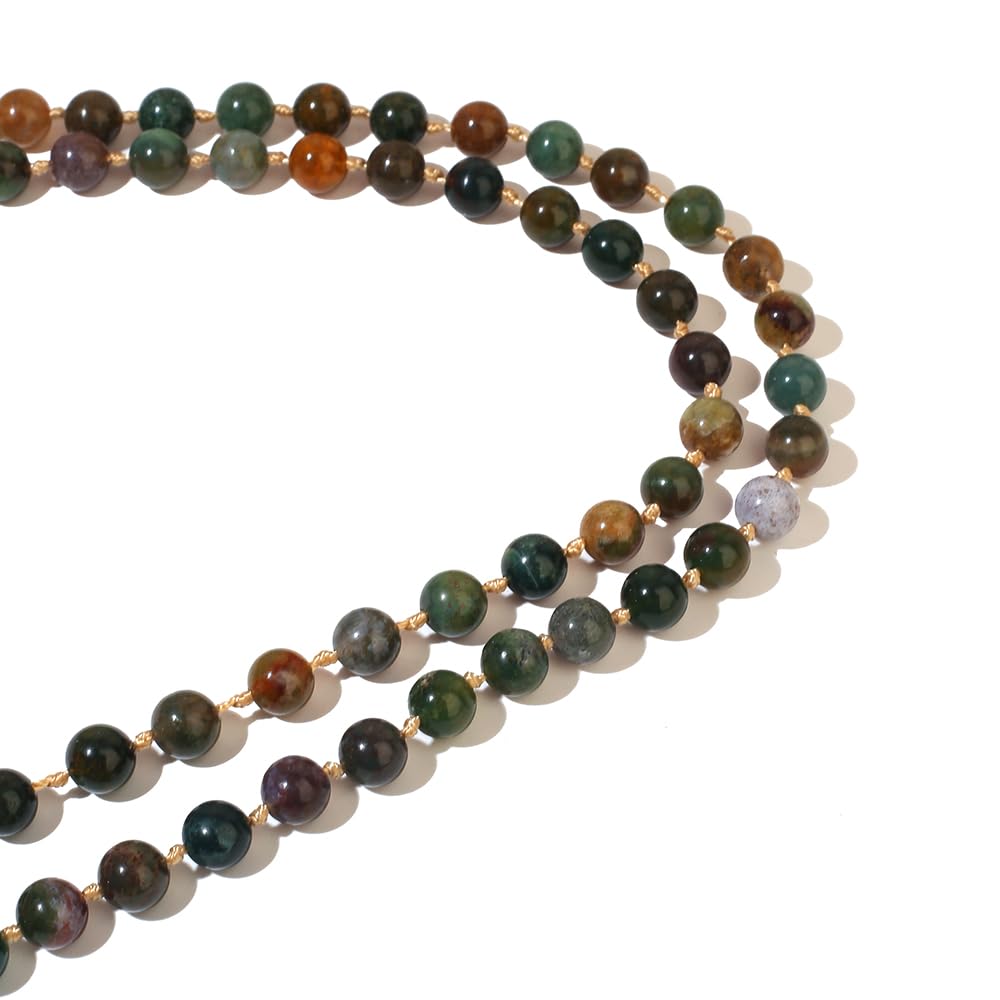 8mm Natural Stone Beads Knot 108 Mala Necklace Meditation Prayer Jewelry for Men and Women (Green Agate)