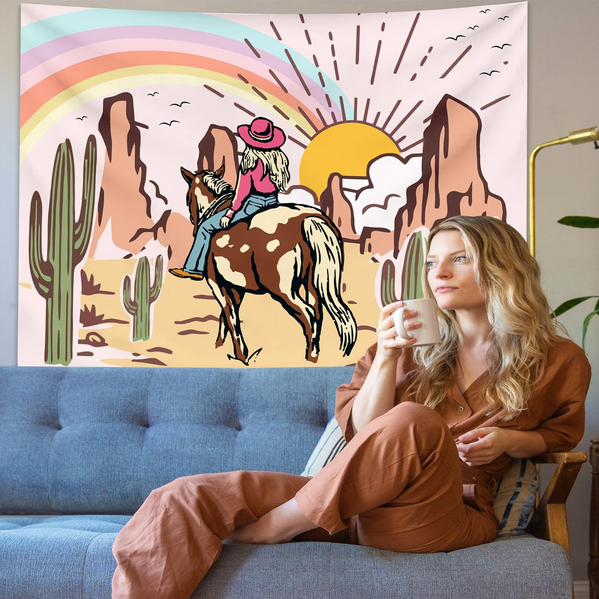 Pink Western Cowgirls Tapestry Wall Hanging for Bedroom 60ʺ x 44ʺ (Light pink / 60"L x 44"W)