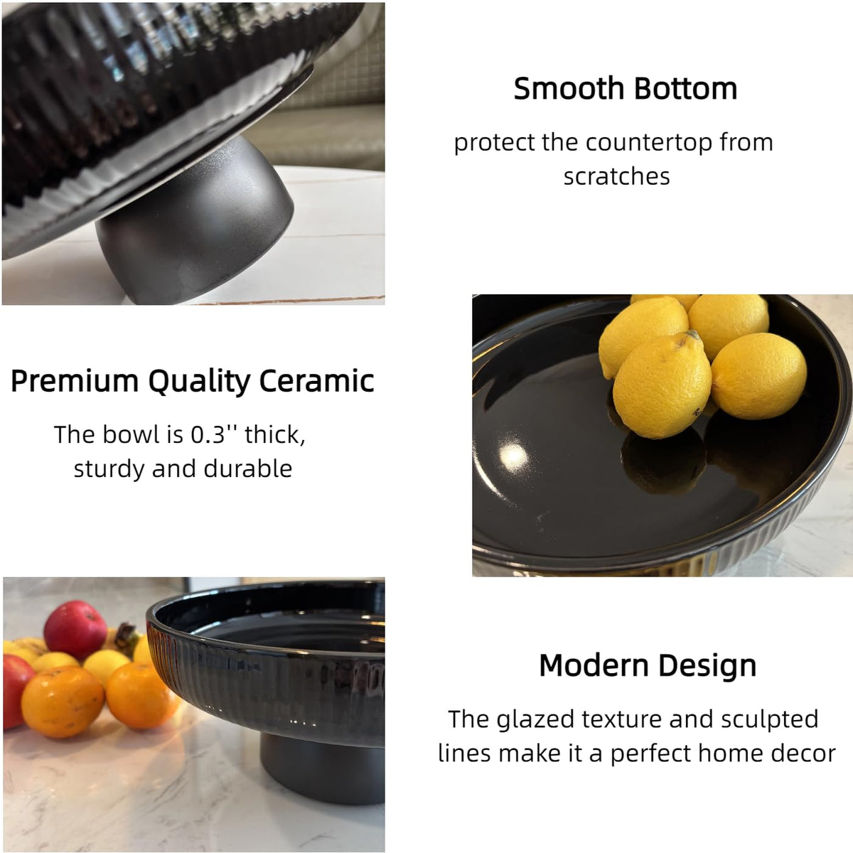 11" Ceramic Fruit Bowl for Kitchen Counter (Black)
