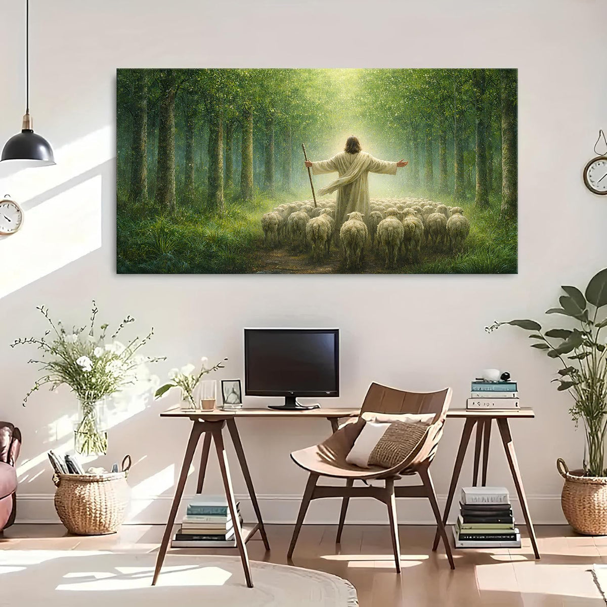 Big Christian Canvas Wall Art Jesus and Lamb Wall Decor Good Shepherd Jesus Picture Prints Jesus Walking in Forest Painting Serene Nature Poster Artwork for Living Room Bedroom Decorations 30x60” (60"L x 30"W / Jesus Forest)