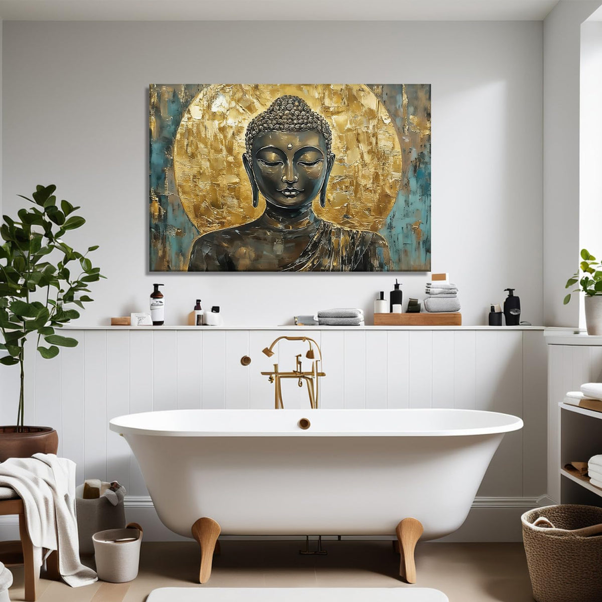 Buddha Canvas Wall Art Zen Wall Decor Bronze Buddha Pictures Religious Painting Vintage Gold Prints Meditation Spiritual Room Bathroom Living Room Office Decor Framed (36"L x 24"W / Buddha-9)