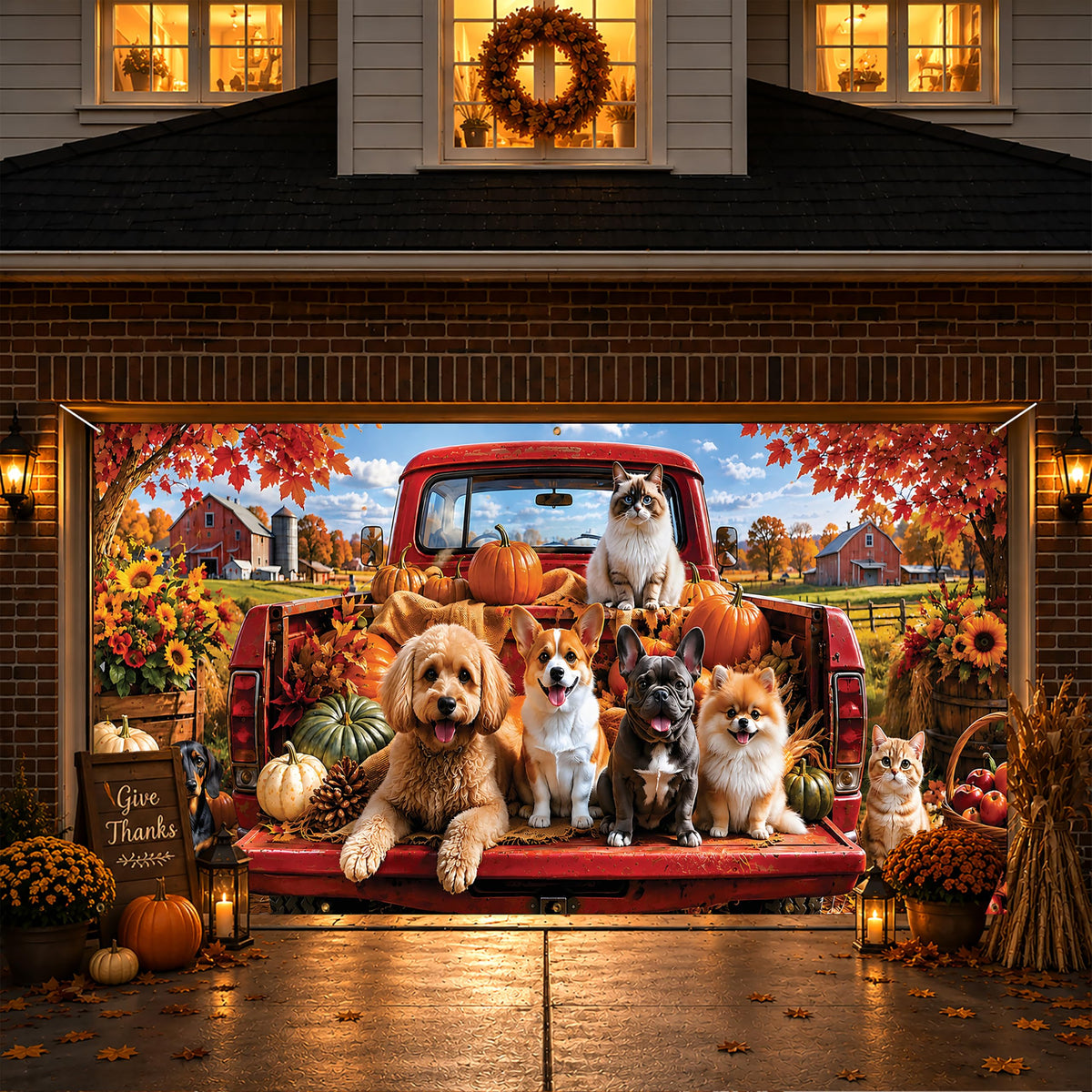 Thanksgiving Garage Door Banner Red Truck 6x13FT Fall Harvest Backdrop (Dog Families)