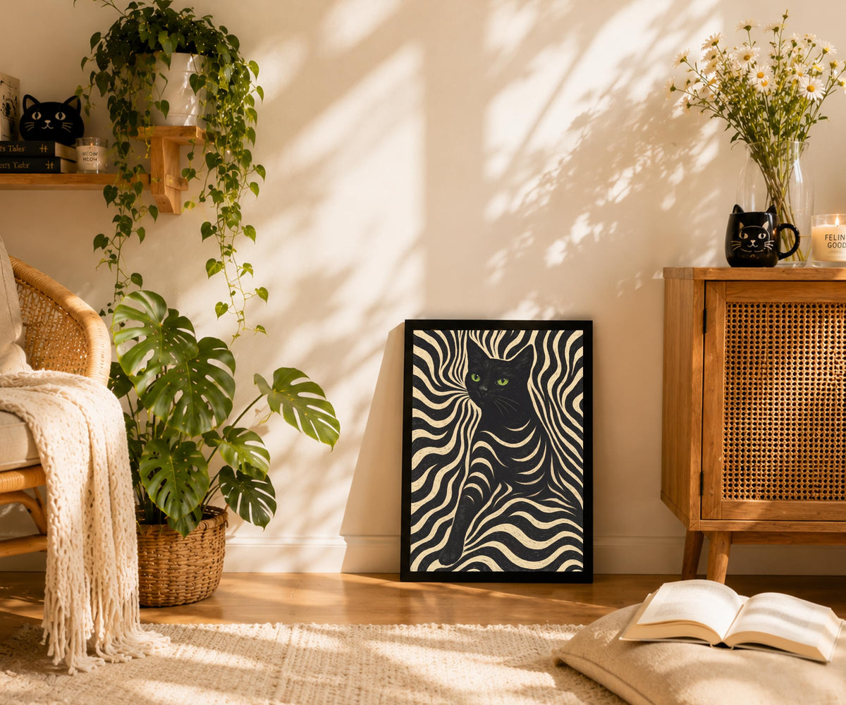 Framed Black Cat Wall Art Zebra Pattern Poster (Black And Cream / 8"L x 10"W)