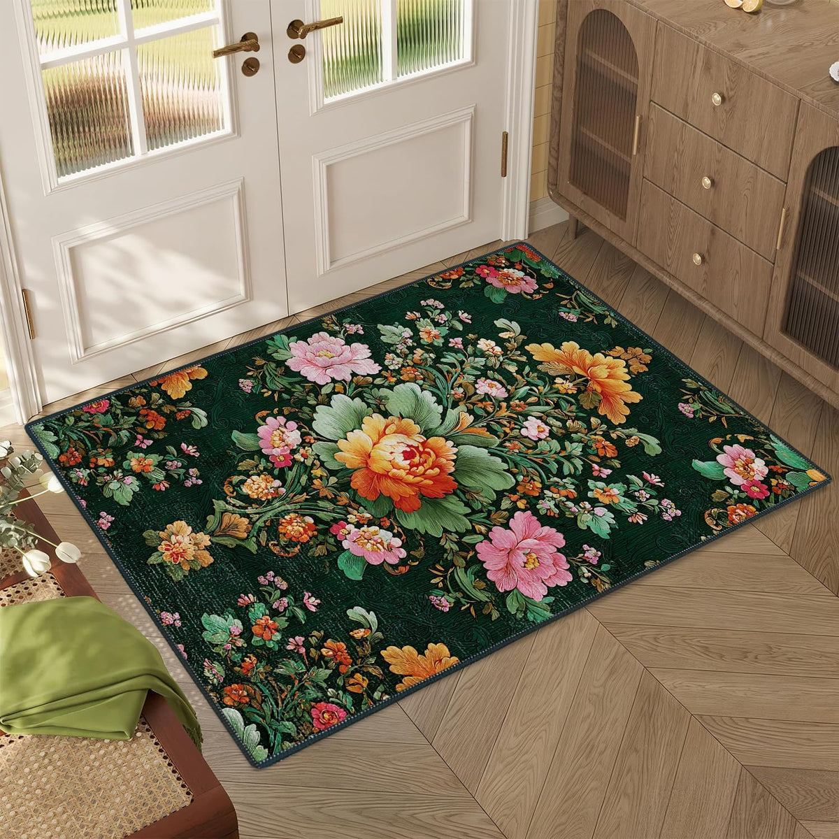 Vintage Green Botanical Floral Area Rugs (11- / 2' x 3' (Rectangular))
