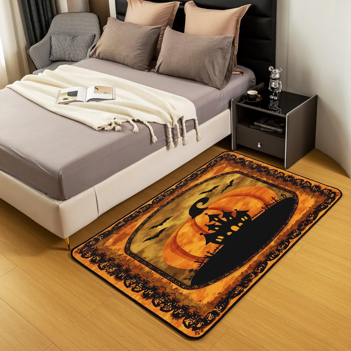 Halloween Pumpkin Large Area Rug 5x7 Spooky Haunted House Living Room Rug (Orange Black / 4'11" x 6'6" (Rectangular))